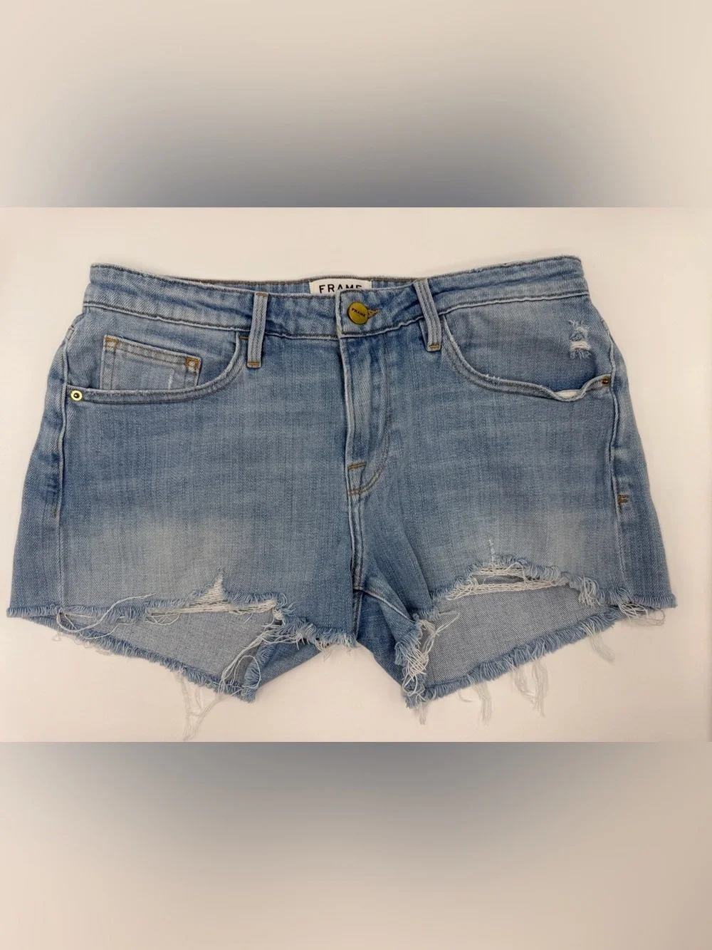 Frame Denim Shredded Raw-Edge Denim Shorts in Hurrah 26
